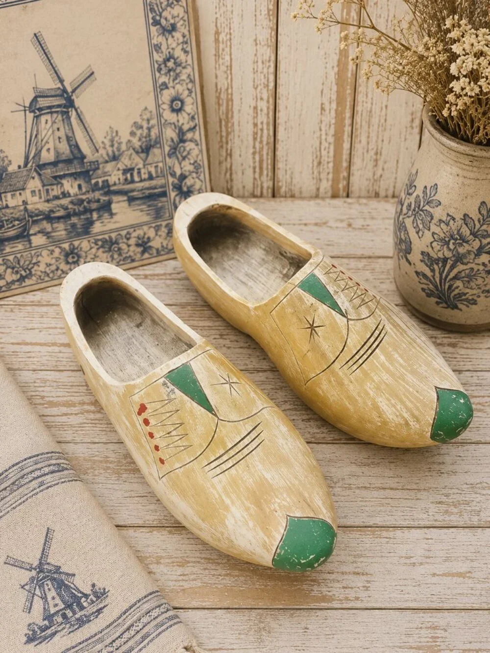 Vintage Large Hand Painted Dutch Wooden Shoes Collectible